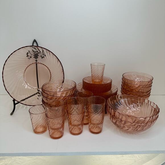 Vintage Arcoroc Pink Swirl Saucers ACO17 France Depression Rosaline Set of 8 - Picture 6 of 8